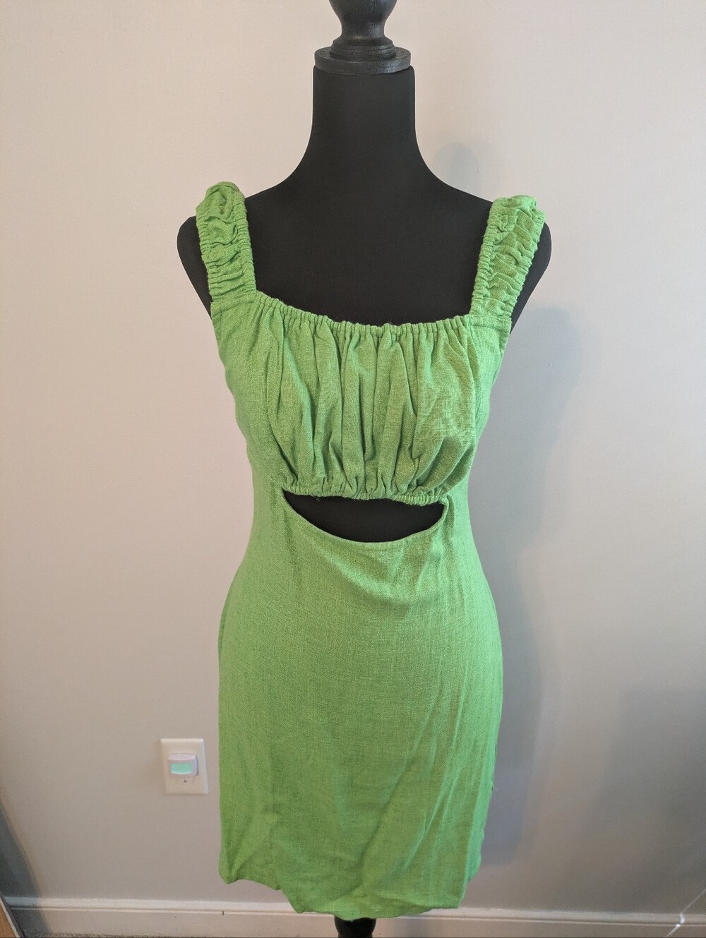 NWT Asos Green Linen Texture Cutout Mini Skirt Dress Size 4 Ruche